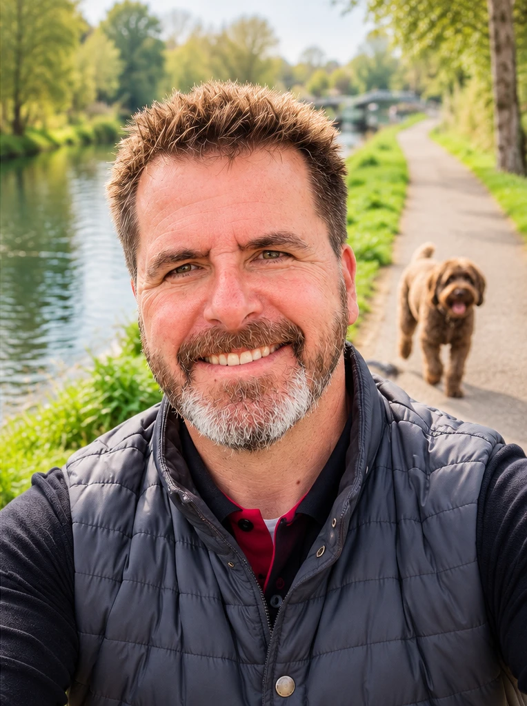 Adrian Summerton beside the canal with his dog